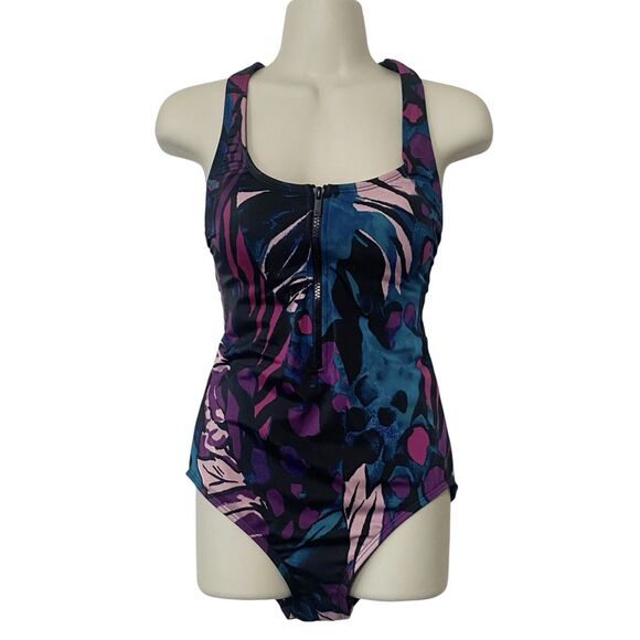 All In Motion Womens Size Small Zip-Front One Piece Swimsuit Racerback Laser Cut - Picture 1 of 13